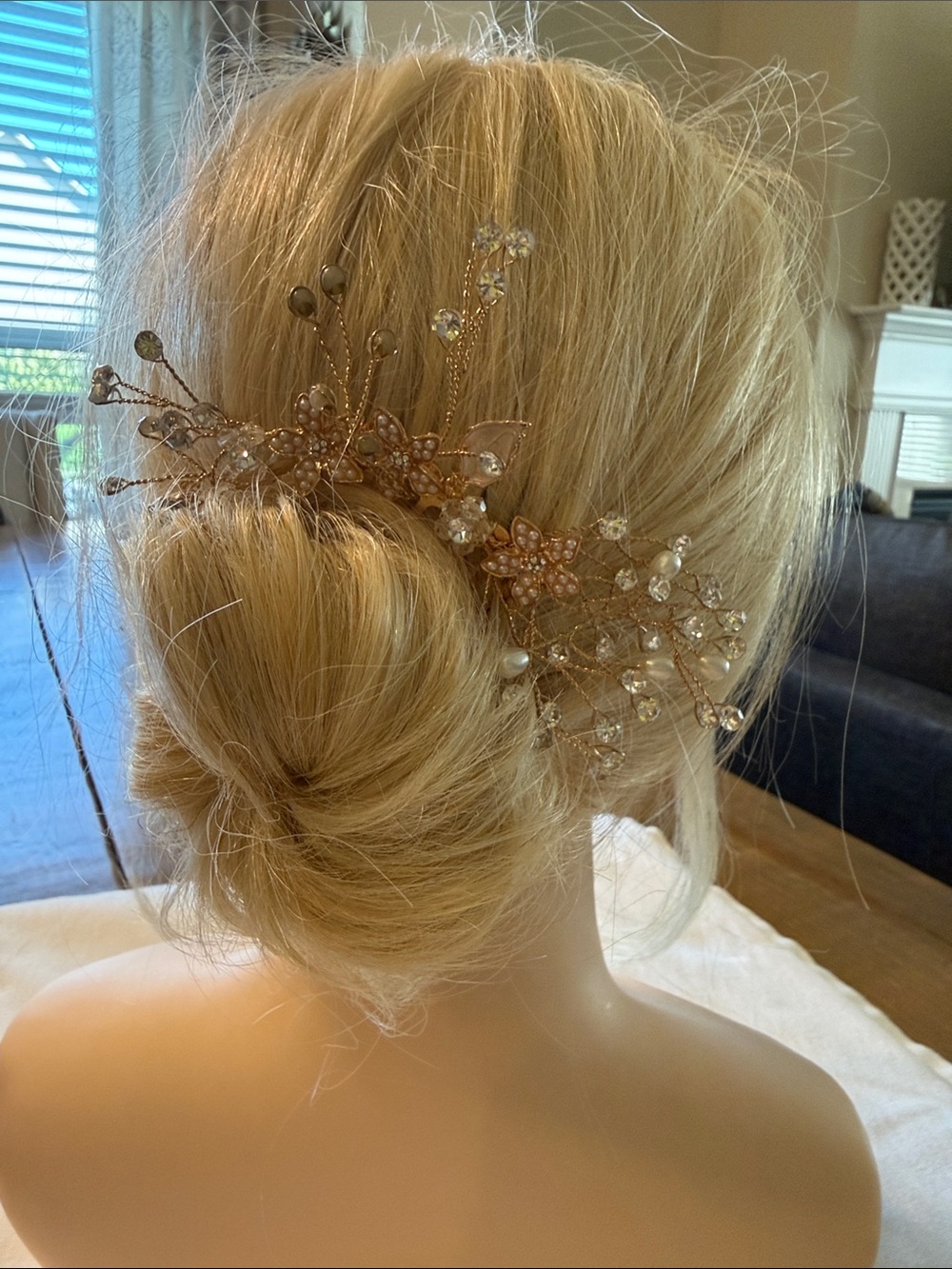 Bridal Rose Gold Pearl & Crystal Floral Hair Comb by Pink Pewter